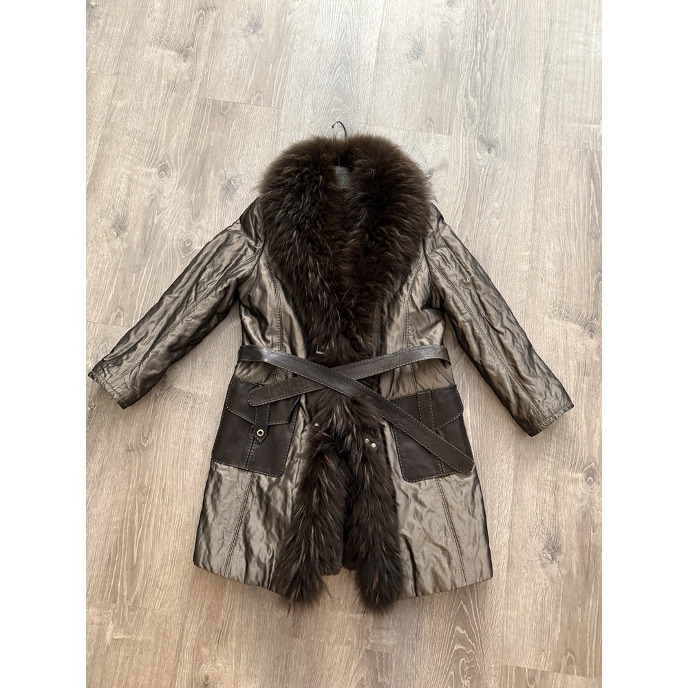 AUTUNO Small Raccoon‎ Collar Shearling Lined Leather Trim Coat Belted